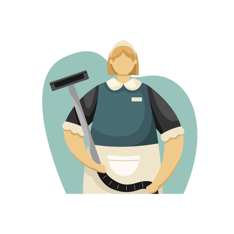 Vector illustration of a maid in uniform with a vacuum cleaner. The hospitality business. Profession. Flat style