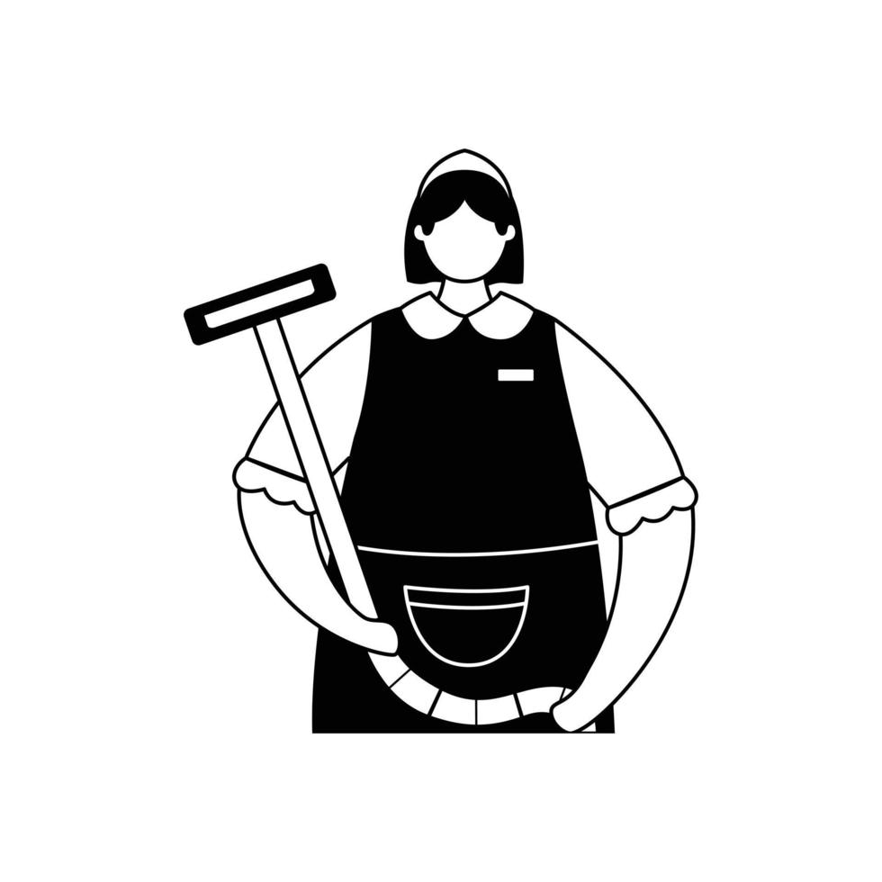 Vector illustration of a maid in uniform with a vacuum cleaner. The hospitality business. Profession.