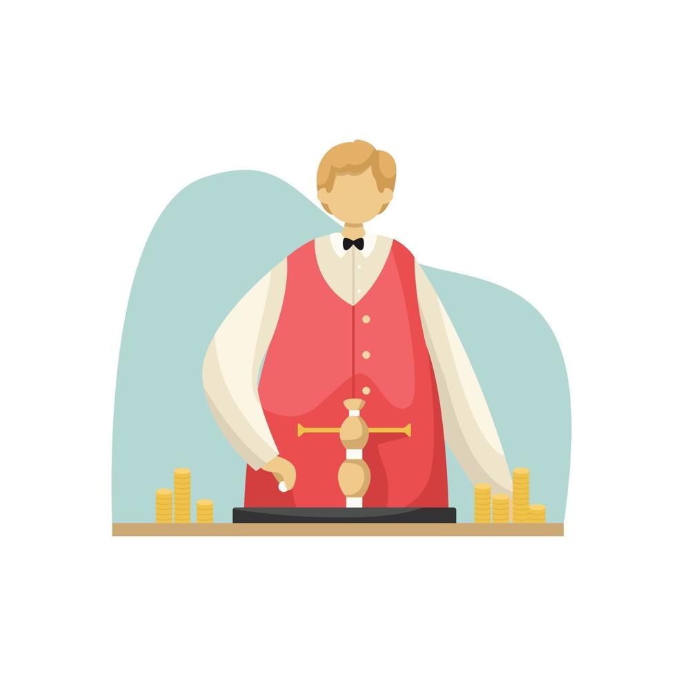Vector illustration of a croupier throwing a ball at roulette. Gambling. Profession. Flat style