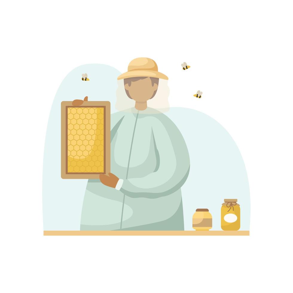 ilustración vectorial de un apicultor con un panal en las manos. profesión. estilo plano vector