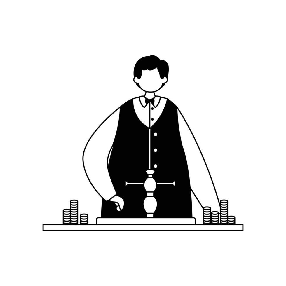 Vector illustration of a croupier throwing a ball at roulette. Gambling. Profession.
