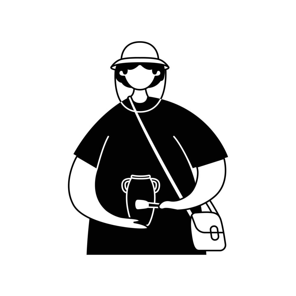 Vector illustration of an archaeologist with an antique vase in his hands. Professions. Outline