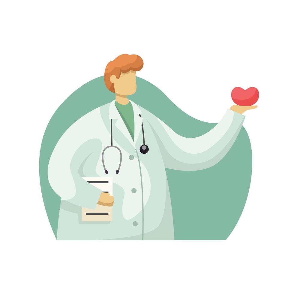 Vector illustration of a cardiologist in a white coat with a heart in his hands. Profession.