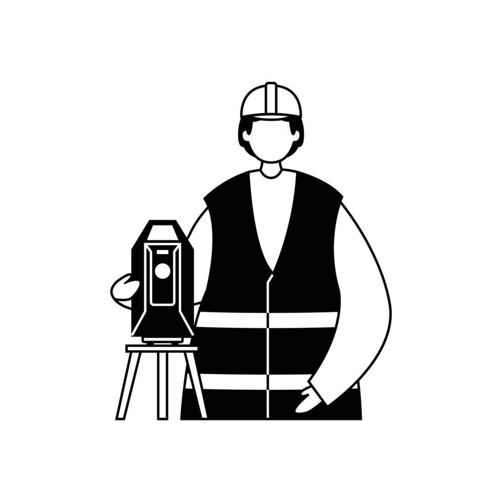 Vector illustration of a surveyor in uniform with a theodolite on a tripod. Professions. Outline