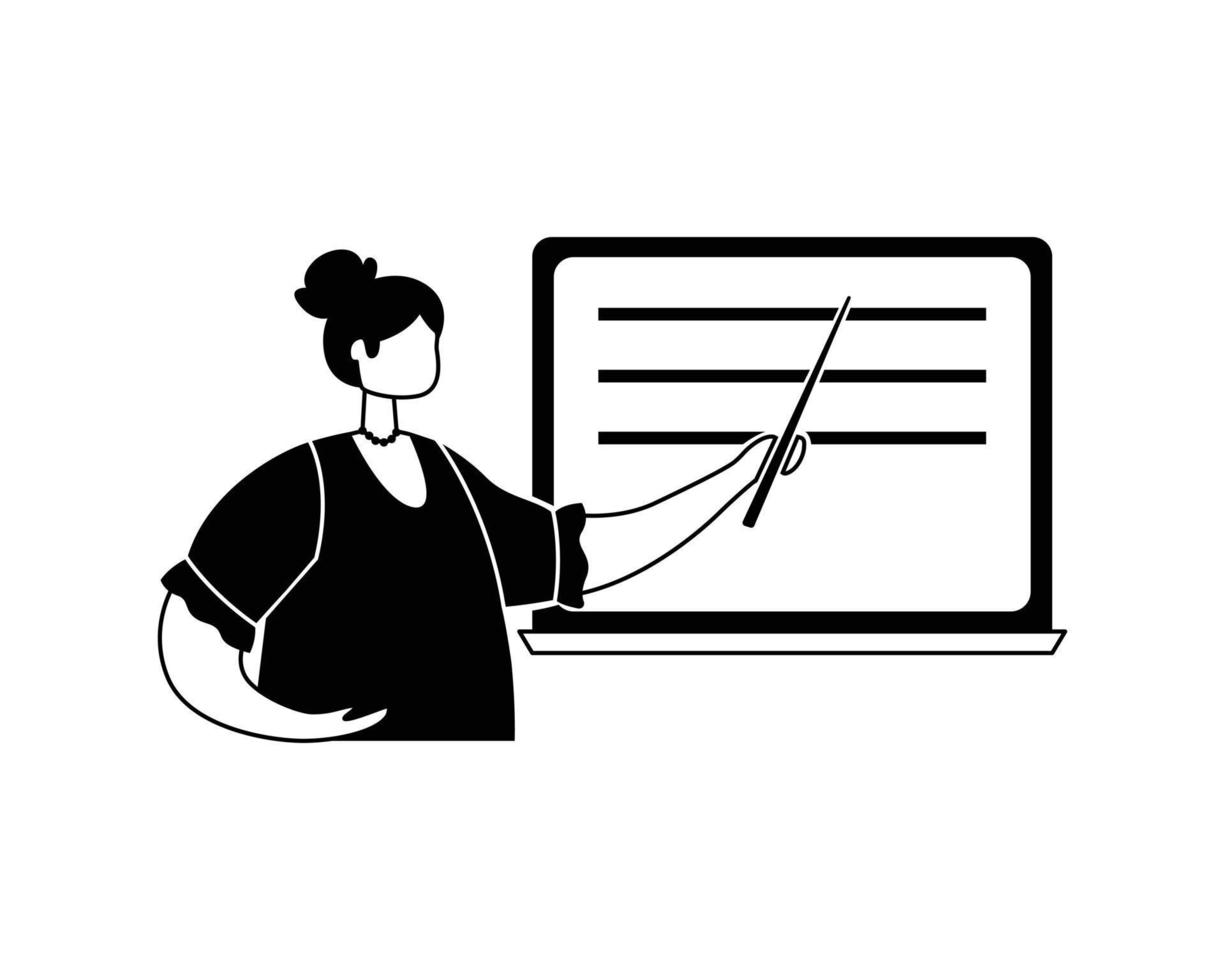 Vector illustration of a female teacher explaining the material at the blackboard. Outline