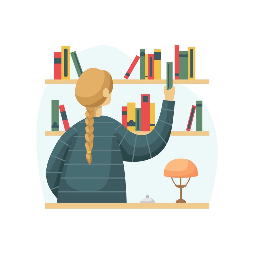 Vector illustration of a librarian woman arranging books on shelves. Flat style