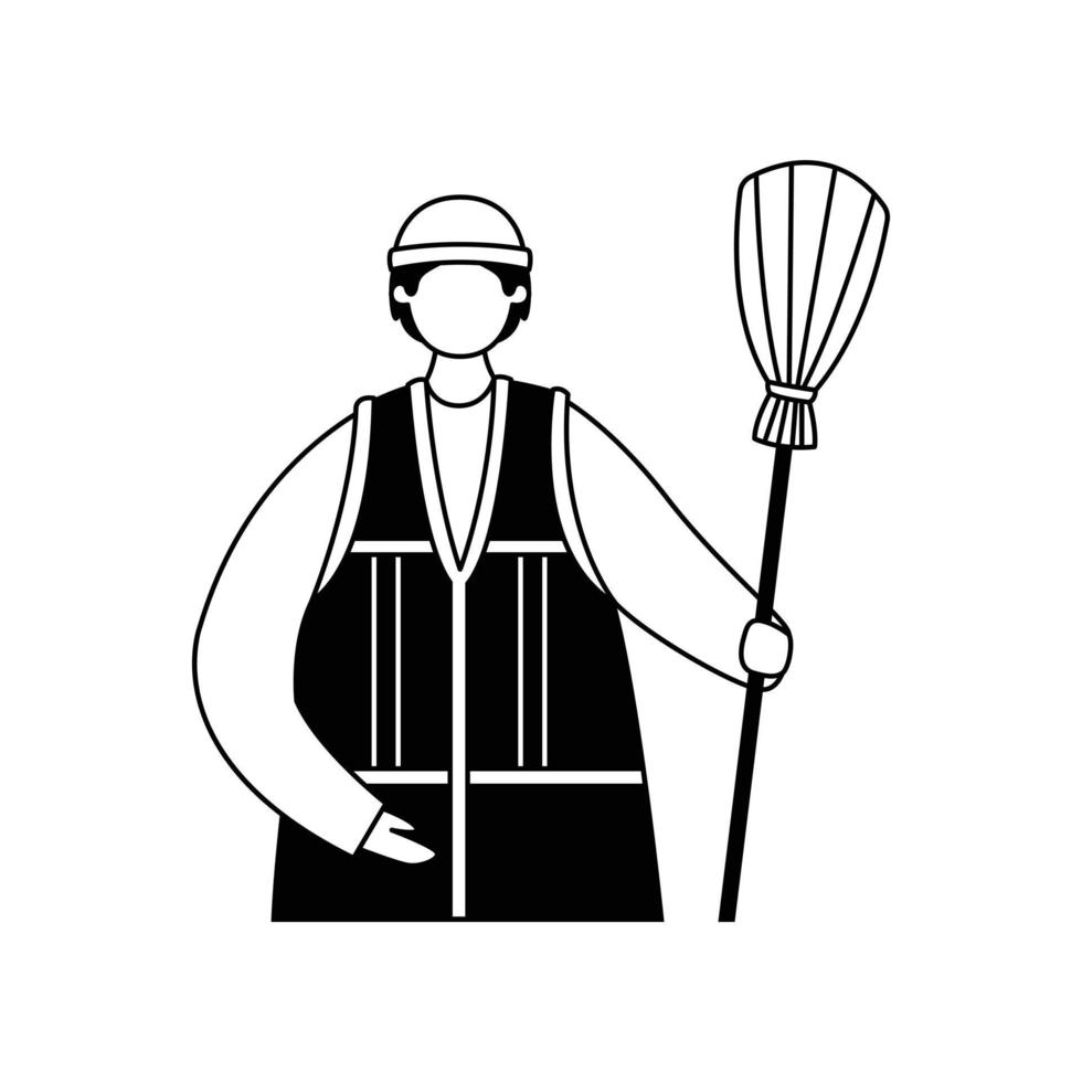Vector illustration of a street sweeper in a reflective vest with a broom. Profession.