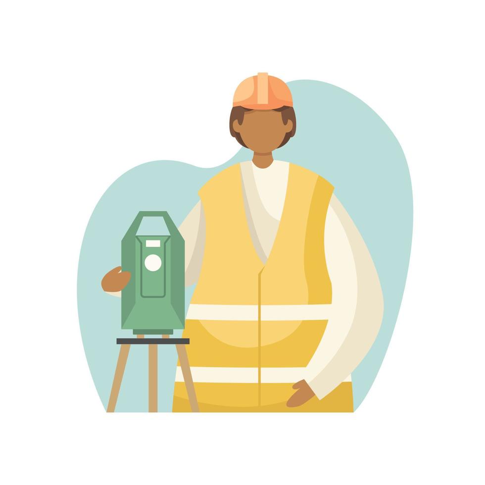 Vector illustration of a surveyor in uniform with a theodolite on a tripod. Professions.