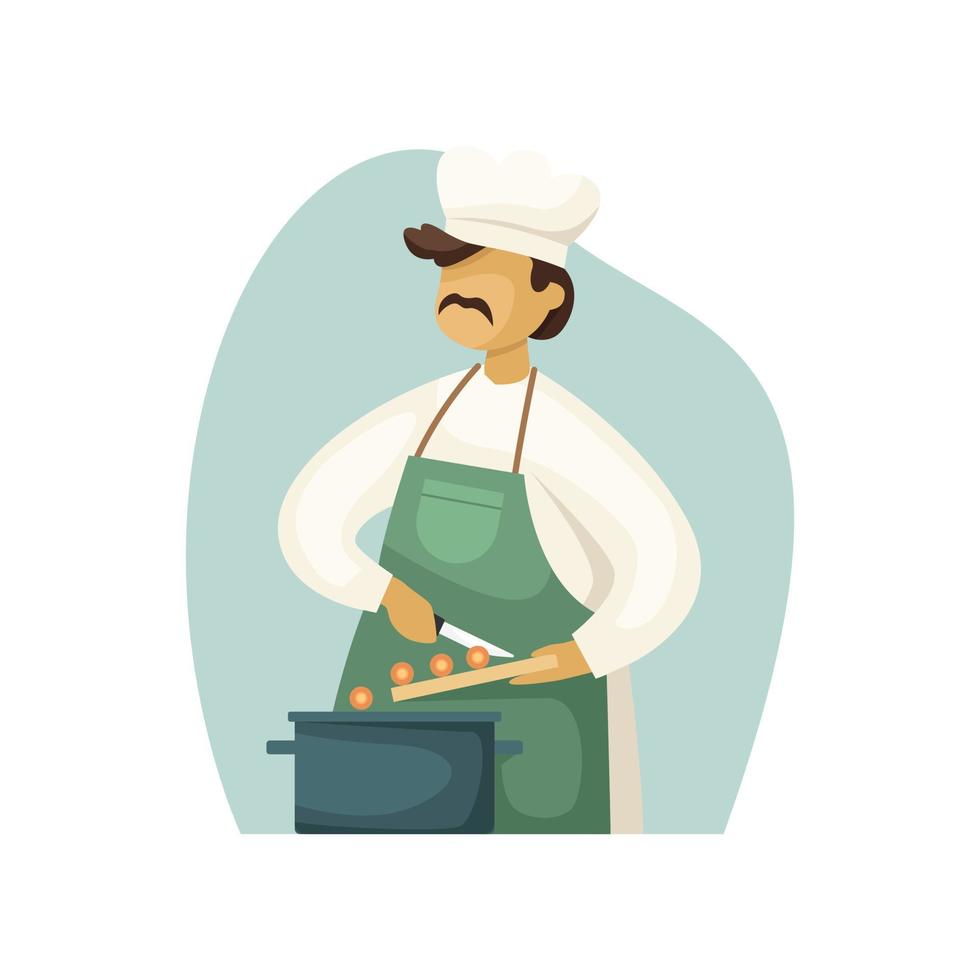 Vector illustration of a male chef cooking food in a saucepan. Flat style