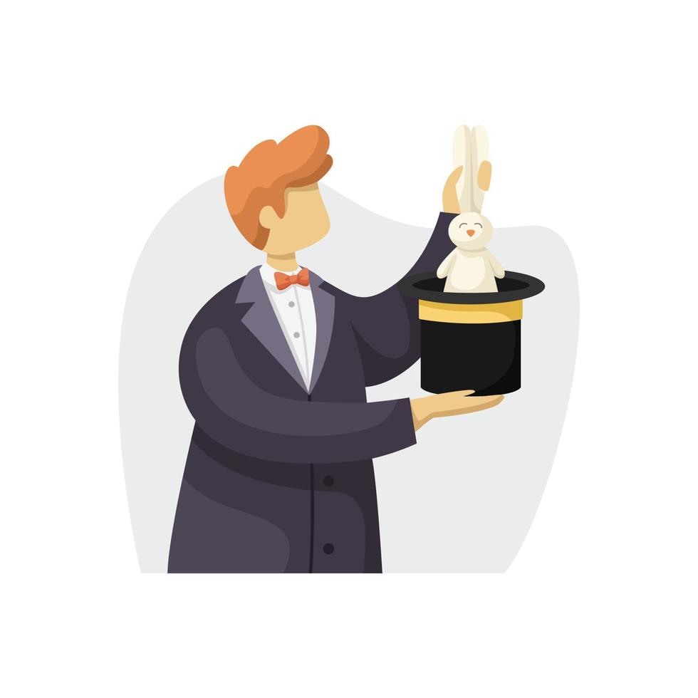 Vector illustration of a male magician pulling a hare out of a hat. Flat style