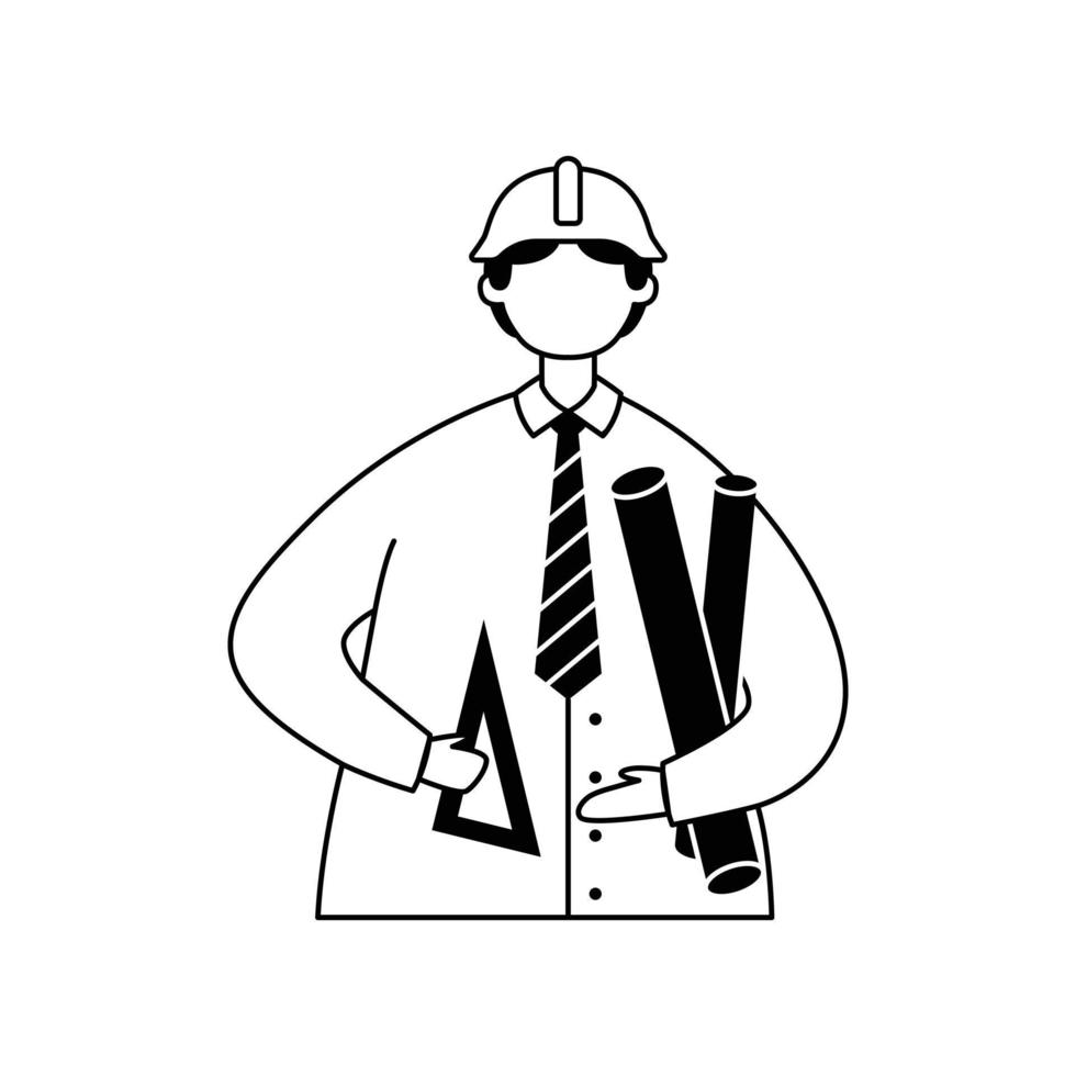 Vector illustration of a male engineer with technical drawings in his hands and wearing a helmet. Outline