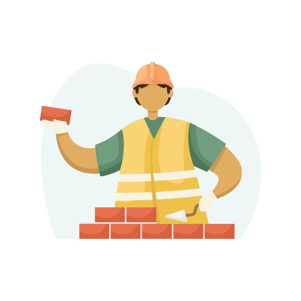 Vector illustration of a male builder in a helmet laying a brick. Flat style