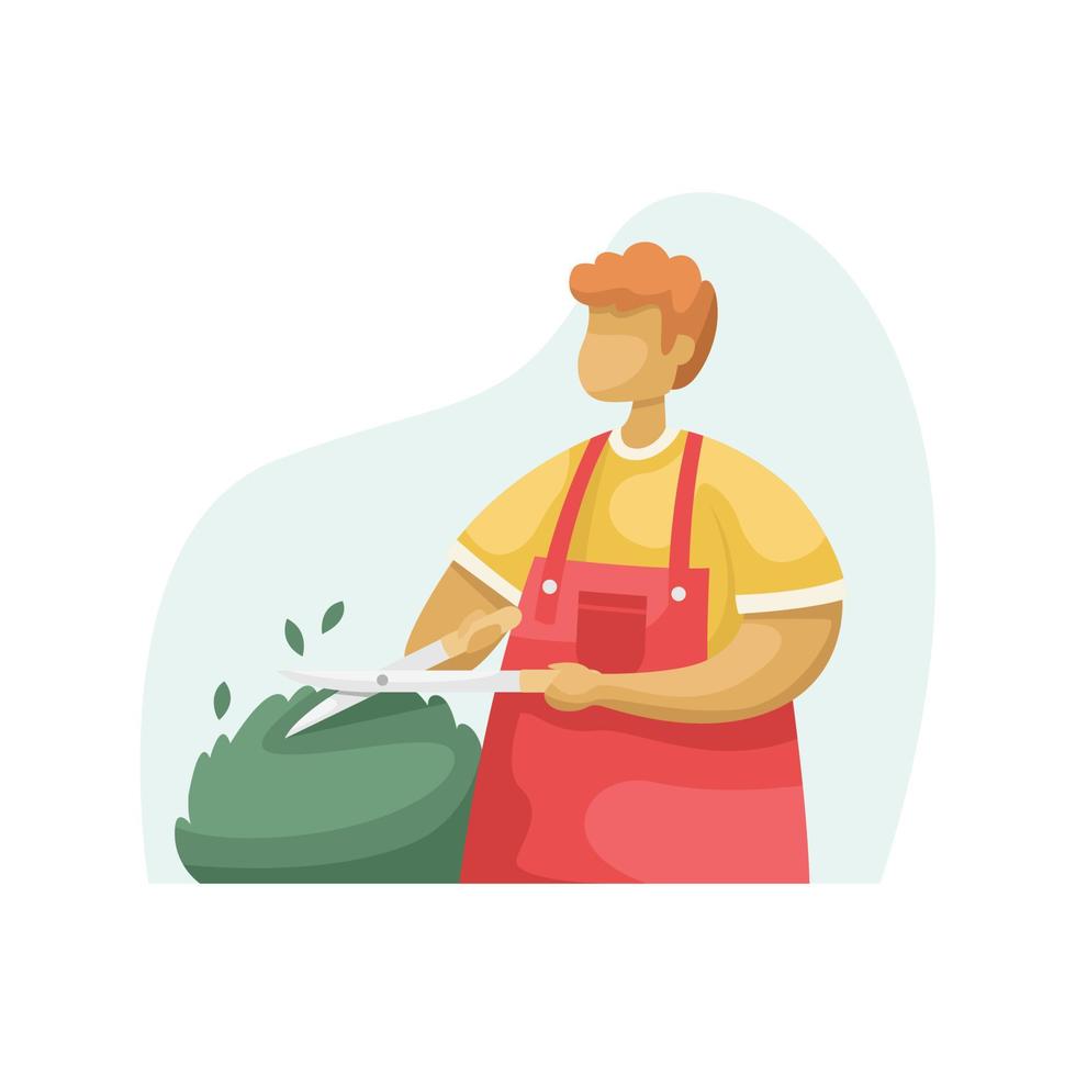 ilustración vectorial de un jardinero masculino podando un arbusto con una podadora. estilo plano vector