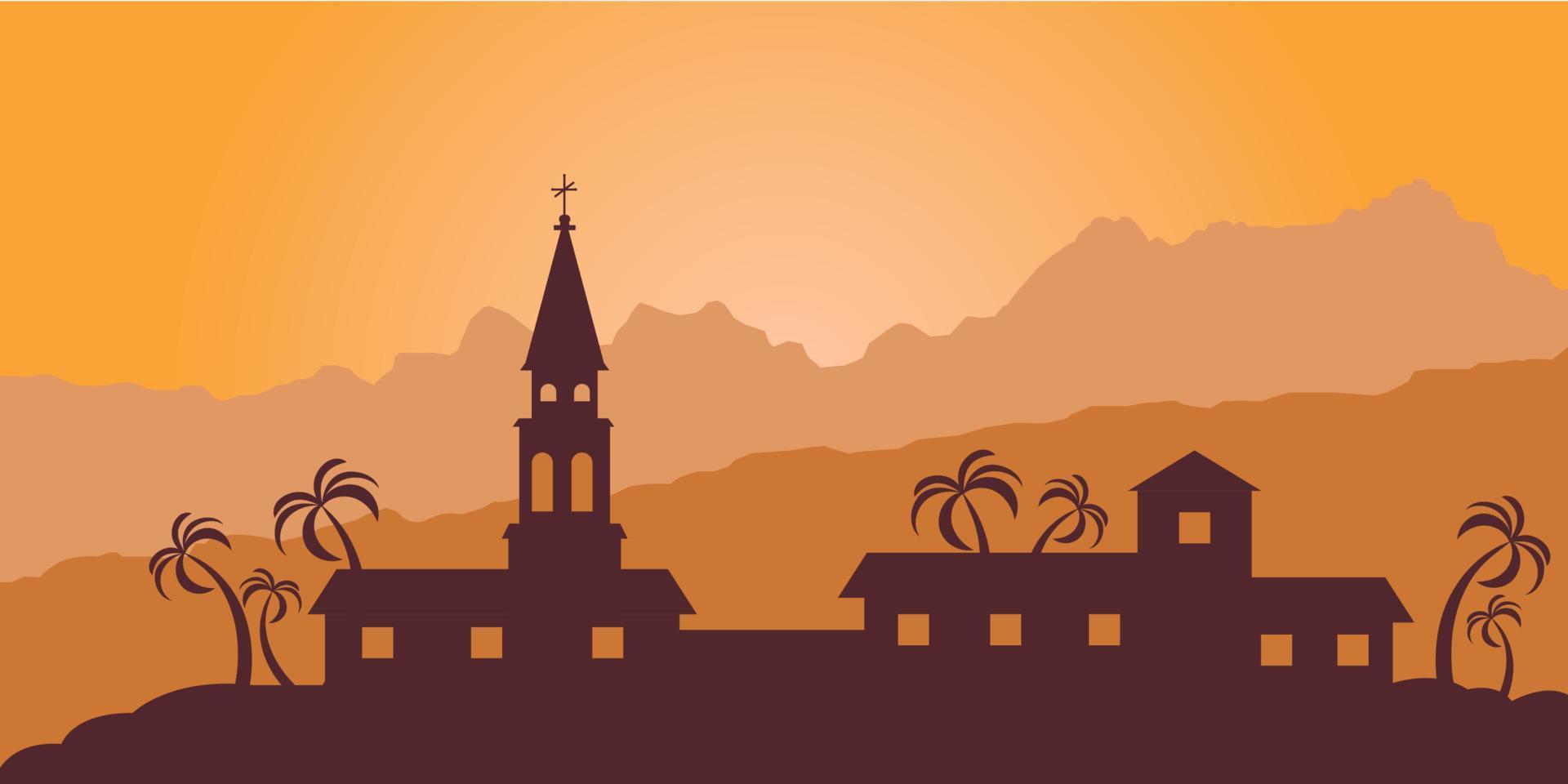 Travel vector illustration of Budva, Montenegro. Old town with sunset.