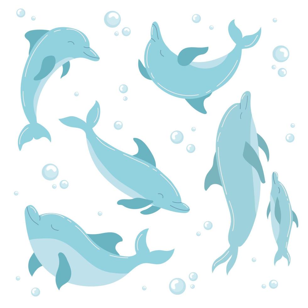 Flat set of blue dolphins on white background. Vector illustration with cute bubbles and jumping dolphins underwater.