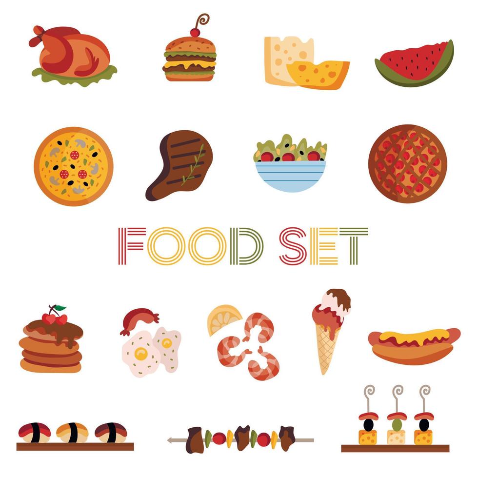 Food set. Fast food, meat, ice cream, vegetables, fruits, sushi. Flat vector illustration on white background. Cartoon icons for menu logos.