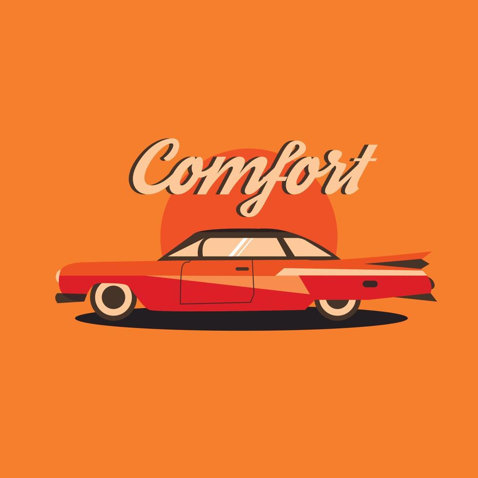 Retro classic car in vintage style. Vector illustration with orange background. Sport racing car.