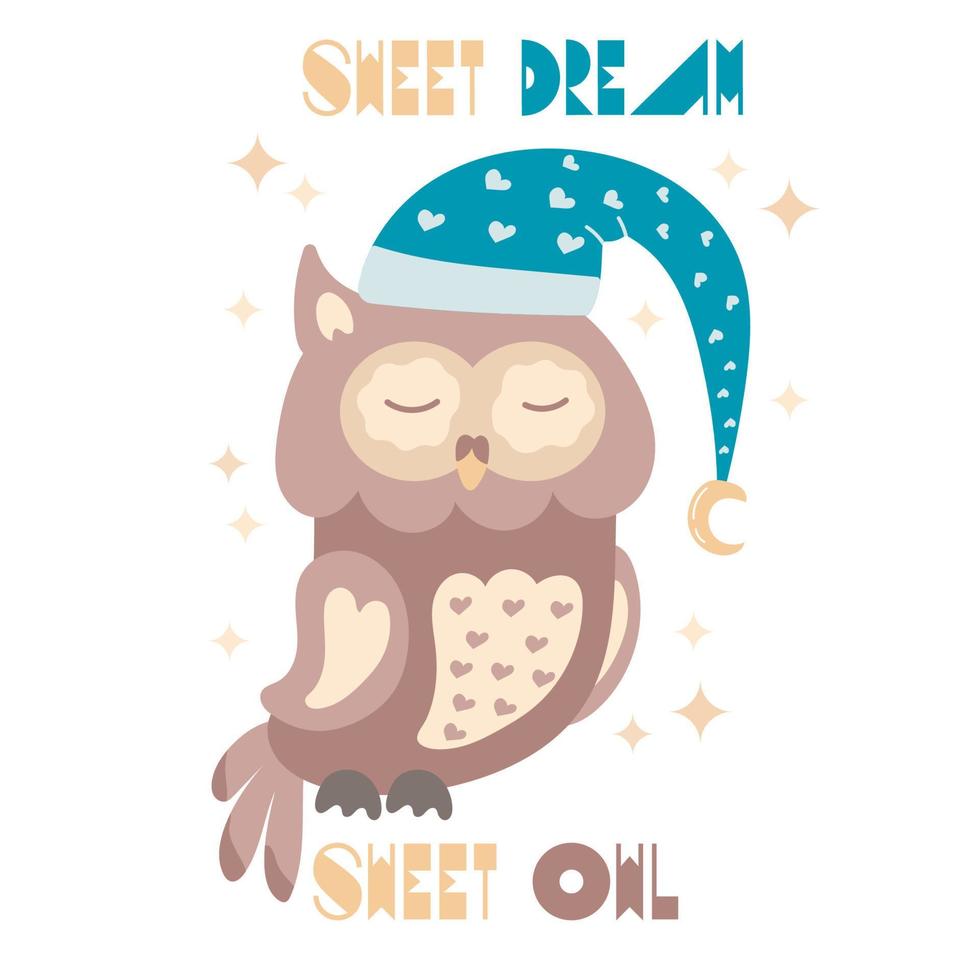 Cute sleeping owl with blue nightcap on white background with stars ...