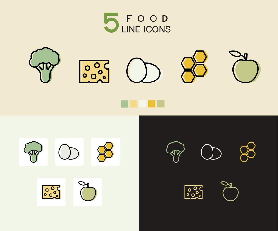Flat set of food icon vector illustration on white, black and colored background. Healthy and natural food elements for web and mobile applications.