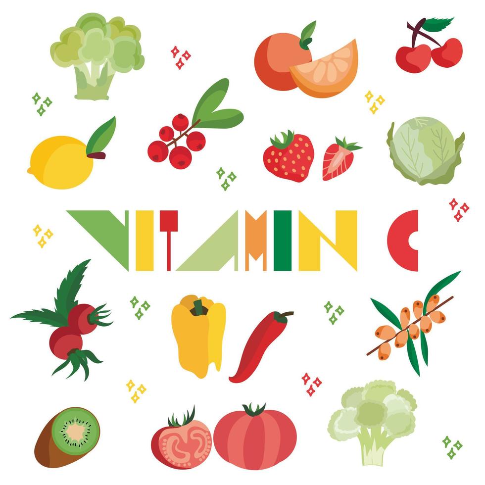 Flat set of vitamin C sources. Vector collection of fruits, vegetables and berries with ascorbic acid. Dietetic food, healthy eating. Vector illustration isolated on white background.