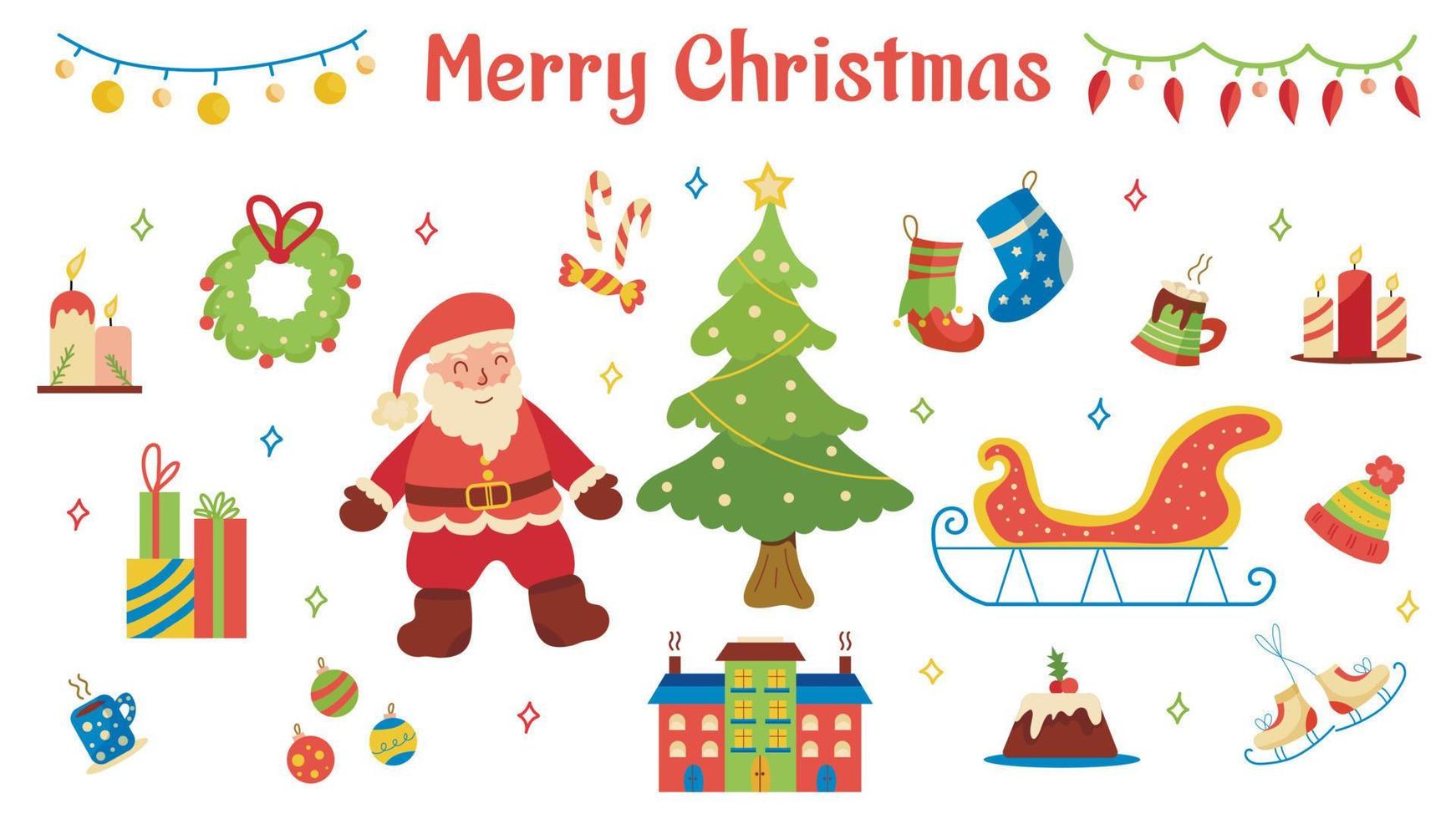 Christmas and New Year set on a white background. Collection of flat vector illustrations with santa claus, christmas tree, present, candles, candies, skates, christmas socks, cocoa, cake, sleigh.