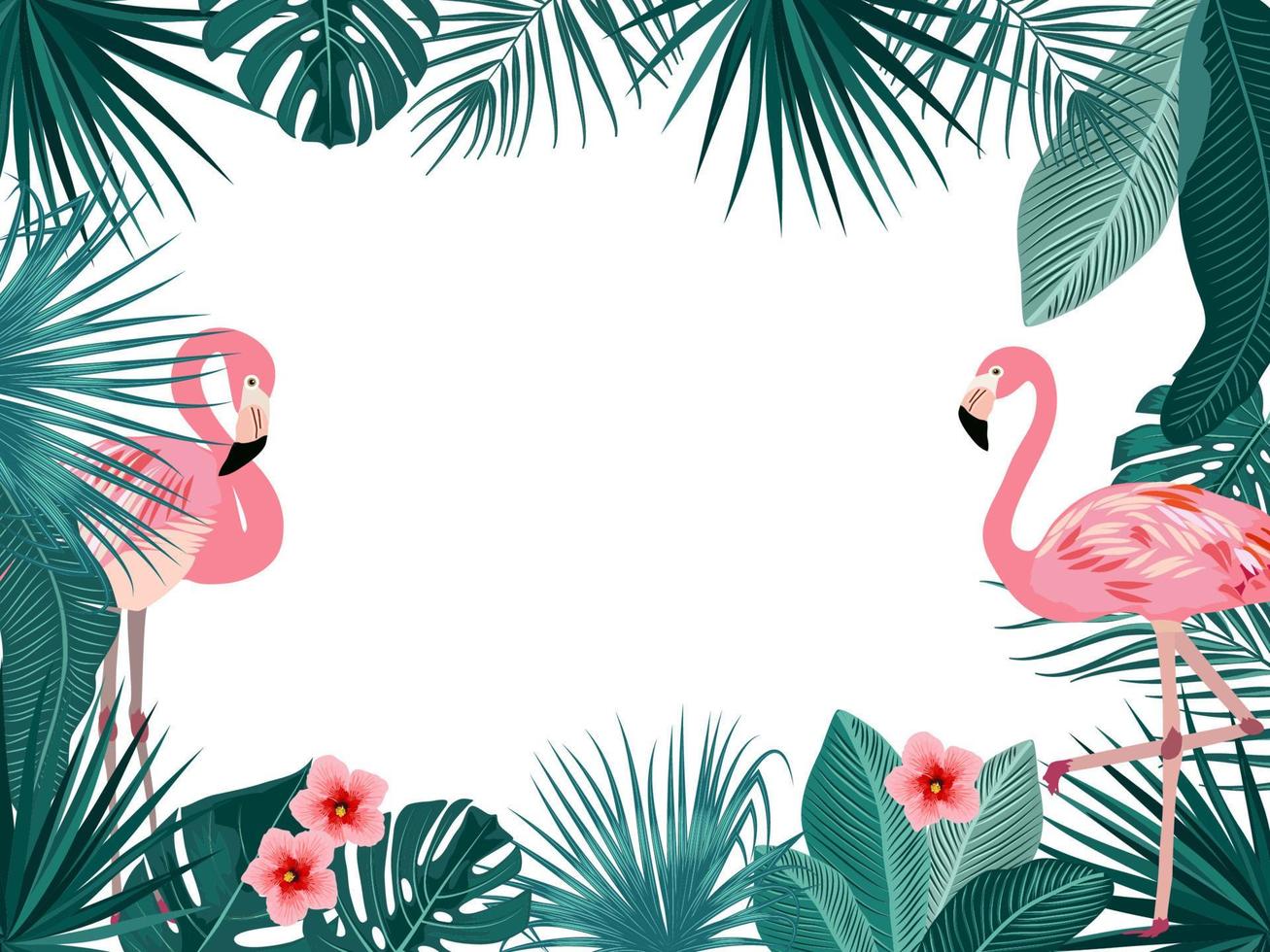 marco de selva tropical vectorial con flamencos, palmeras, flores y hojas sobre fondo blanco vector