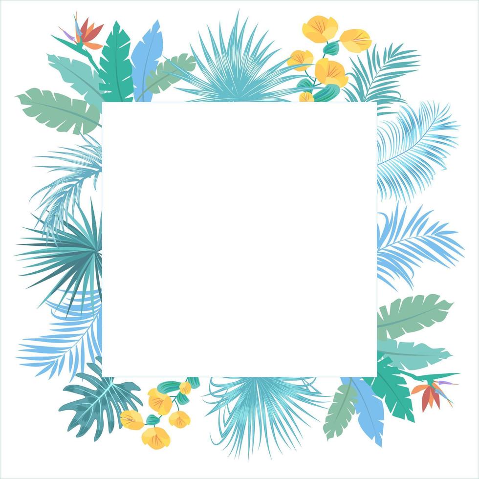 marco de selva tropical vectorial con hojas de palmeras y flores vector