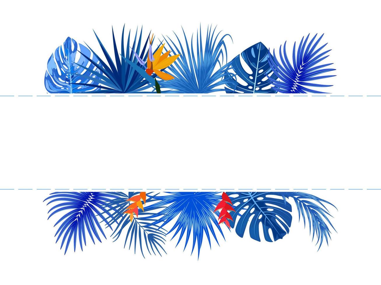 Vector tropical jungle frame with blue palm trees, flowers and leaves on white background