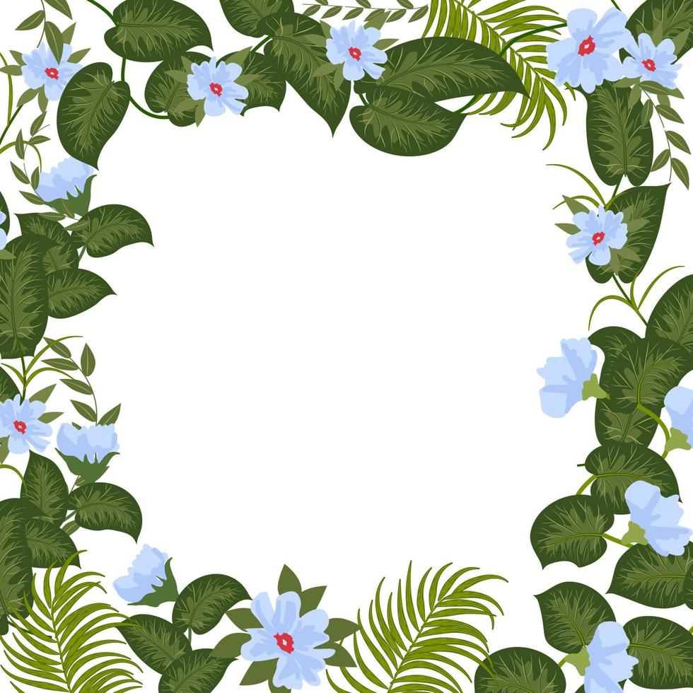 banner de selva tropical vectorial, marco con hojas de palmeras y flores azules vector