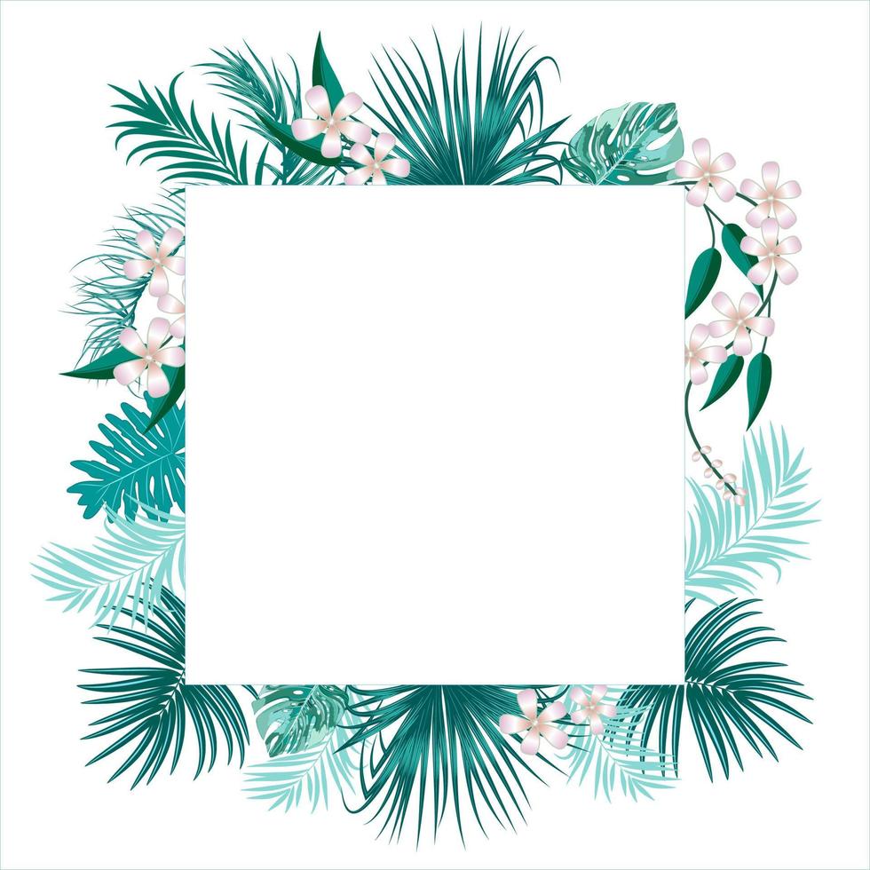 marco de selva tropical vectorial con hojas de palmeras y flores vector