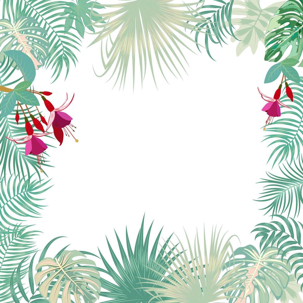 Vector tropical jungle banner, frame with palm trees, flowers and leaves on white background