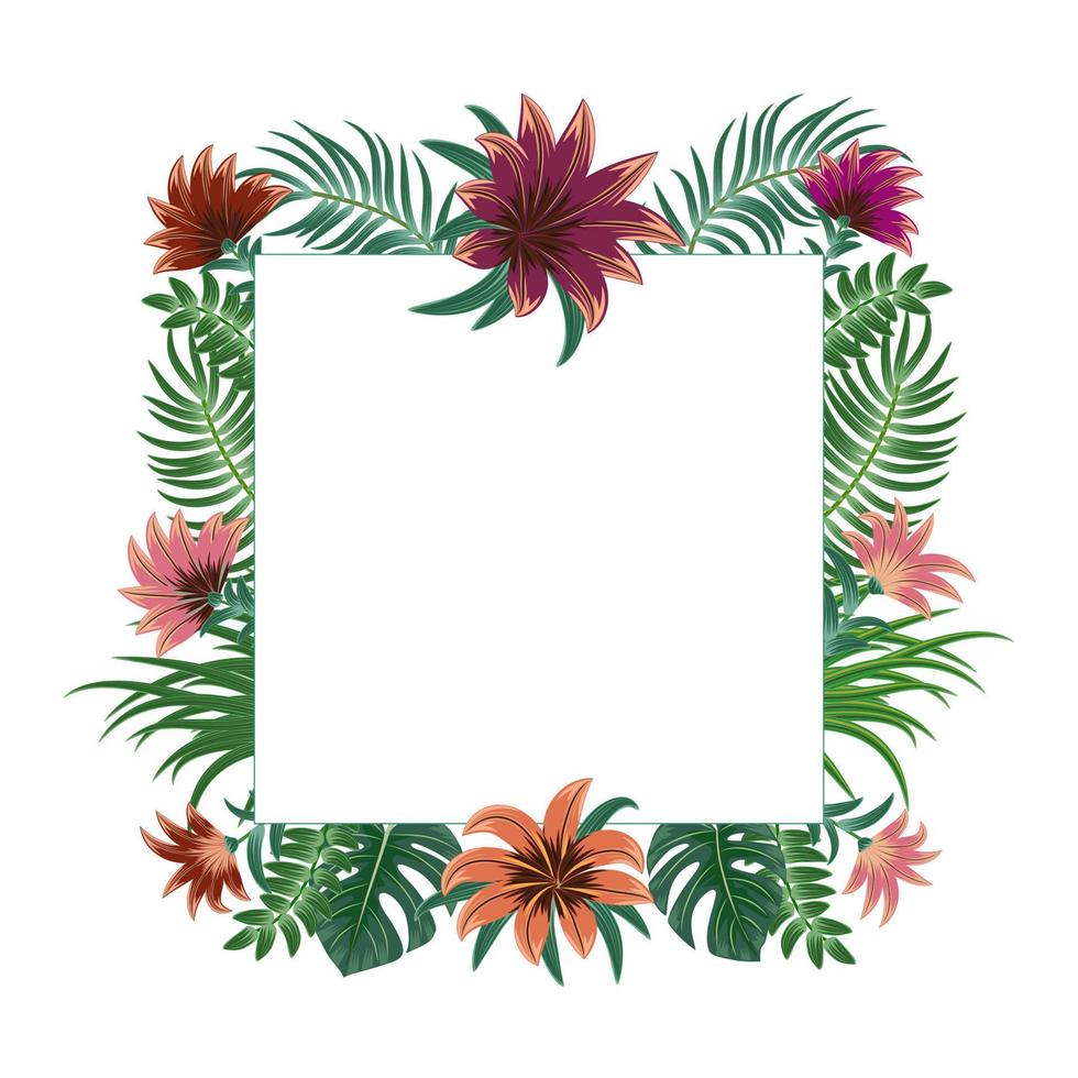 marco tropical de flores exóticas y hojas de palma con espacio para copiar texto. para invitaciones a fiestas, tarjetas de boda y carteles de venta. ilustración vectorial diseño de plantilla vector