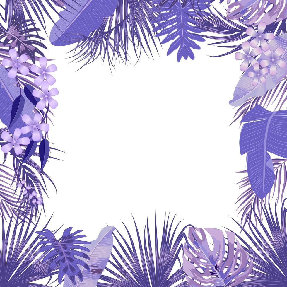 banner de selva tropical vectorial, marco con palmeras violetas, flores y hojas sobre fondo blanco vector