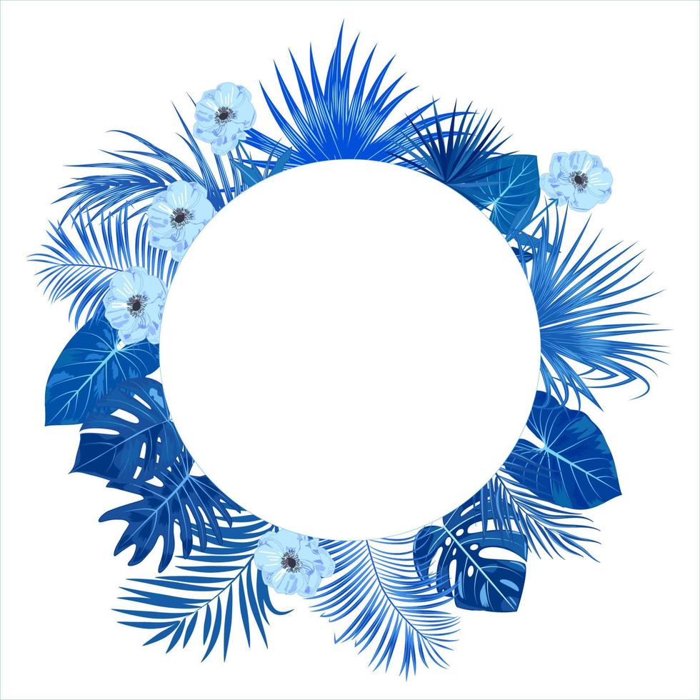 Vector tropical jungle frame with palm trees leaves and flowers