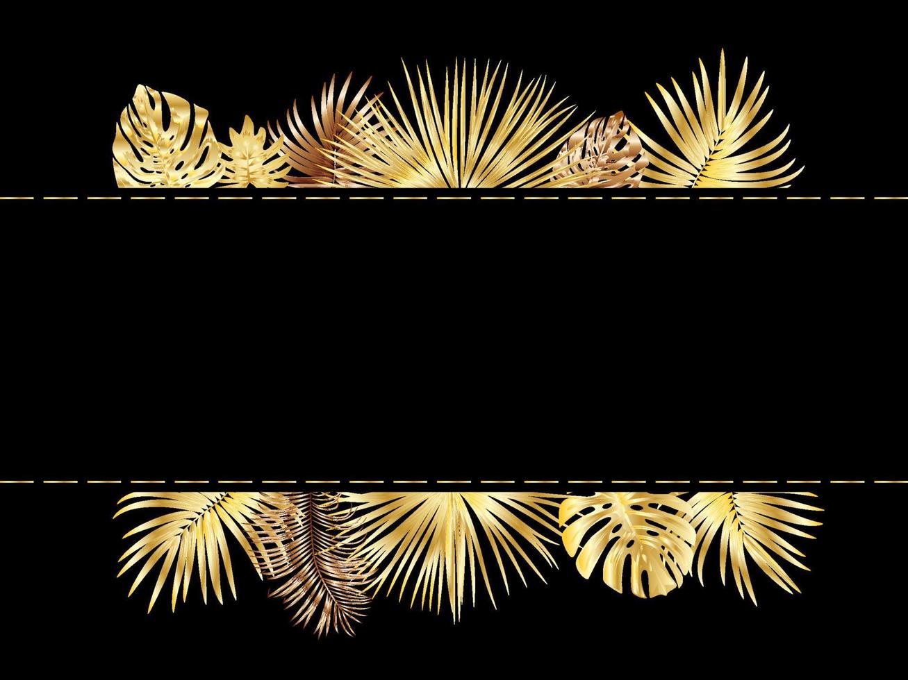 Vector tropical jungle frame with gold palm trees and leaves on black background