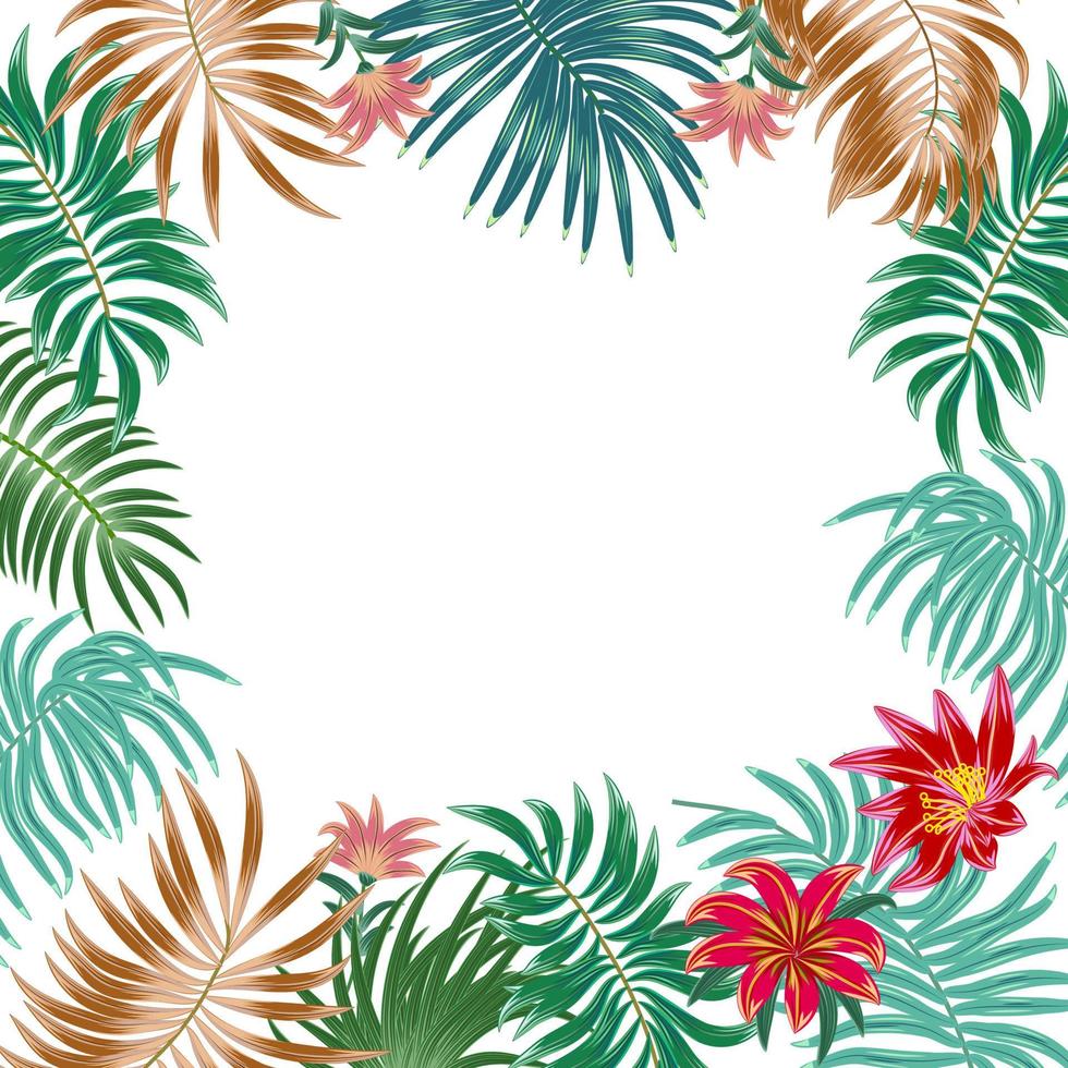 Tropical frame of exotic flowers and palm leaves with copy space for text. For party invitations, wedding cards and sale posters.  Vector illustration. Template design.