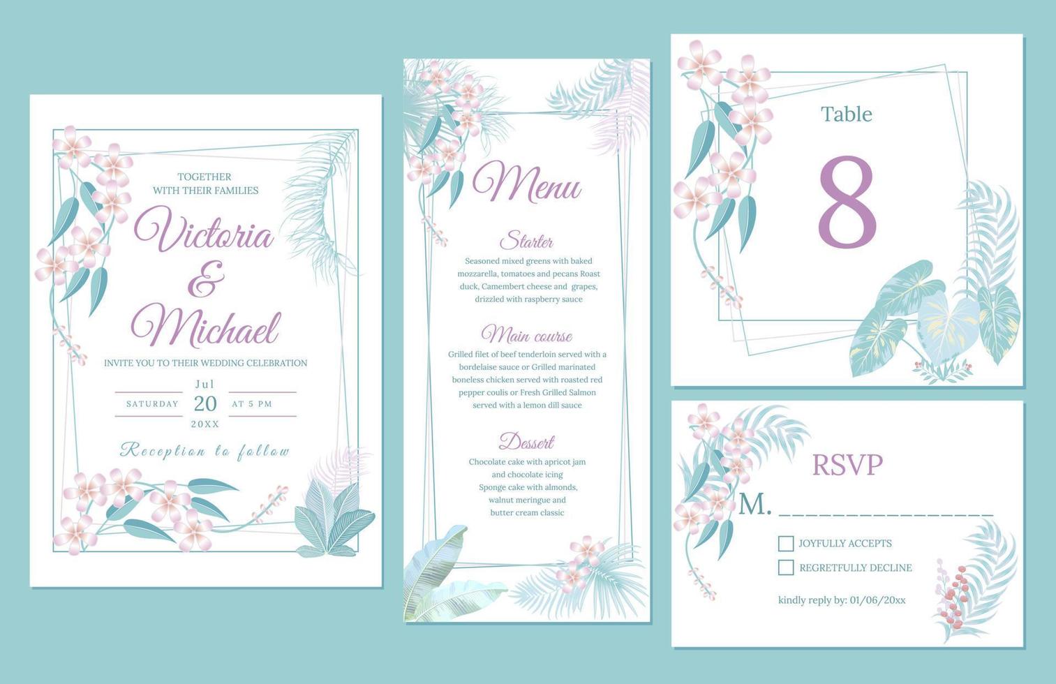 diseño de tarjeta de invitación de boda, invitación floral, colores pastel suaves vector