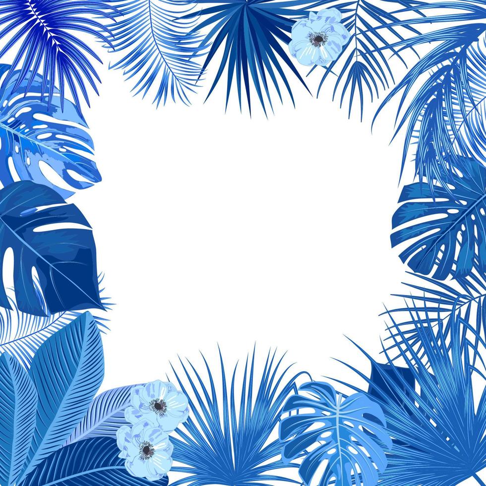Vector tropical jungle frame with blue palm trees, flowers and leaves on white background