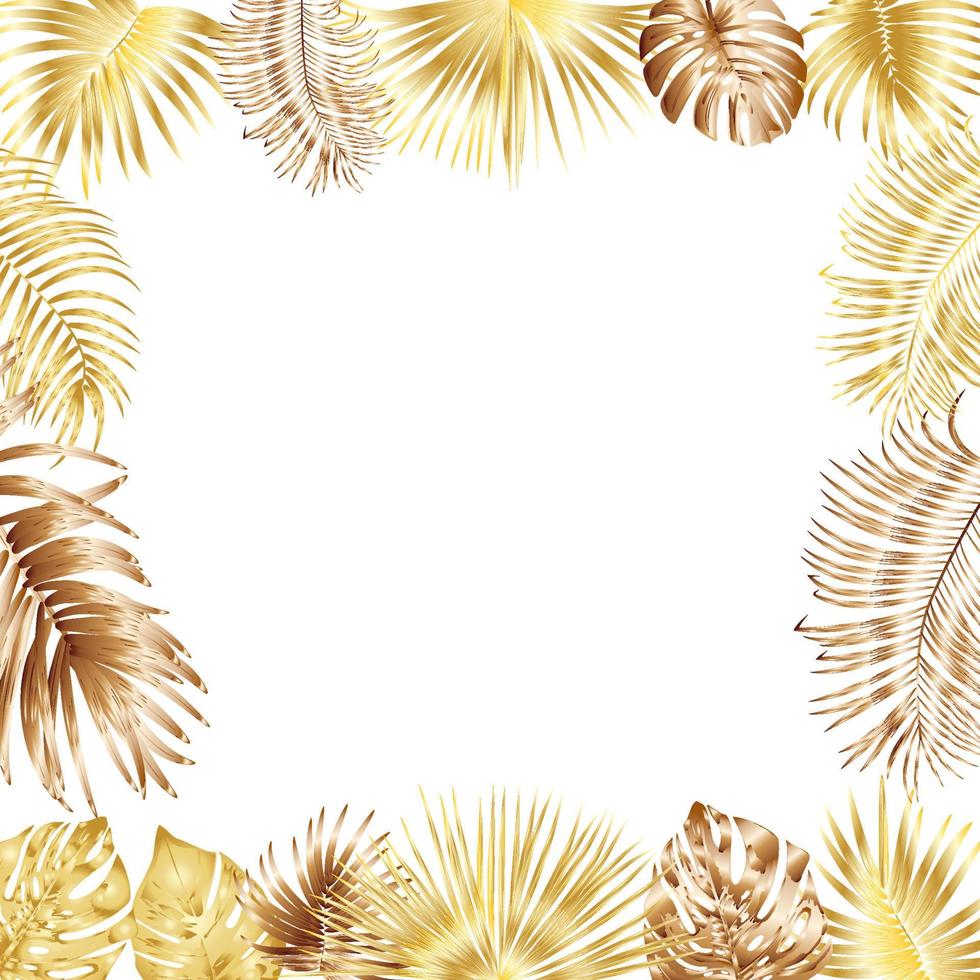 Vector tropical jungle frame with gold palm trees and leaves on white background