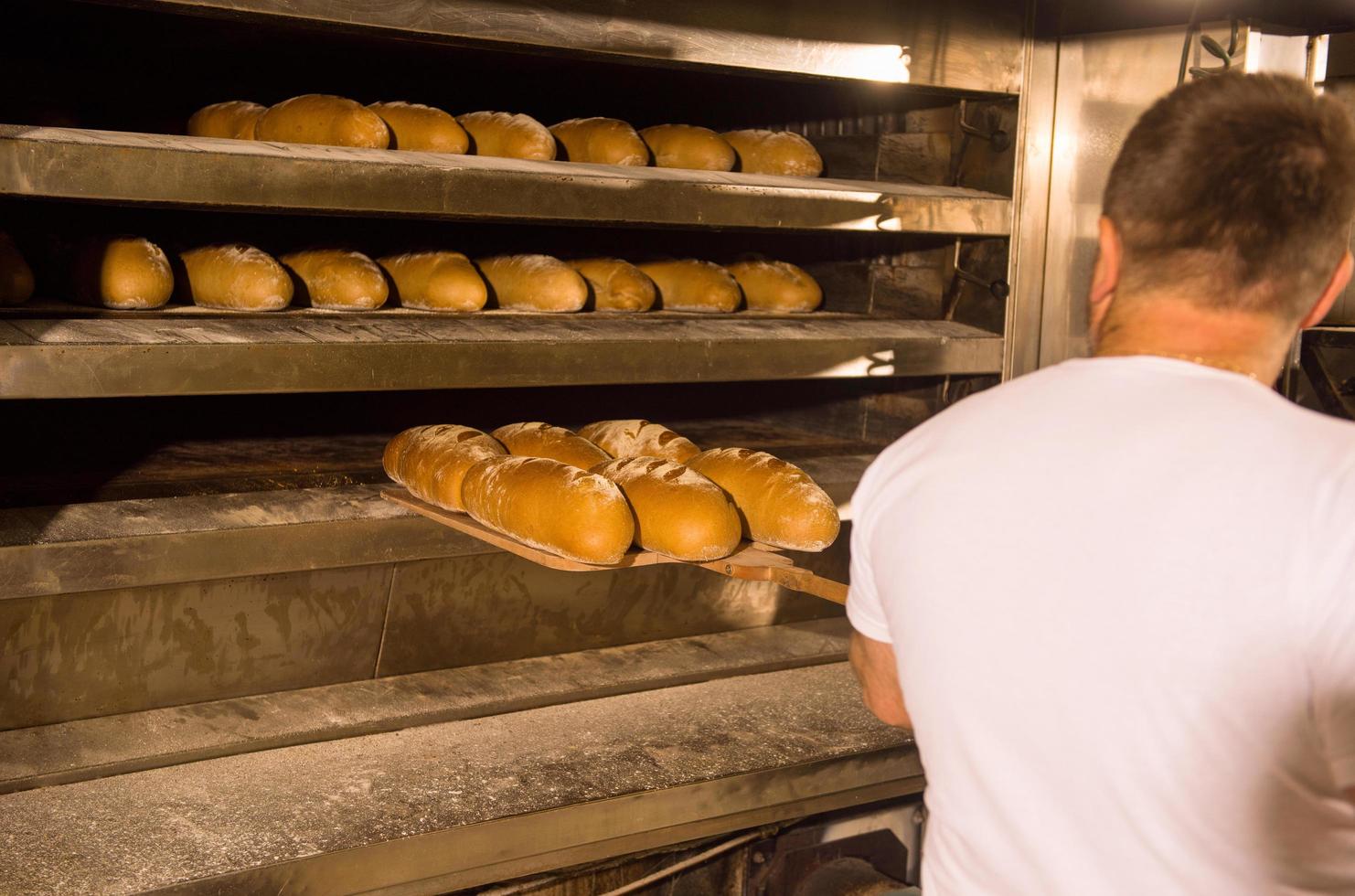 bakery worker taking out freshly baked breads photo