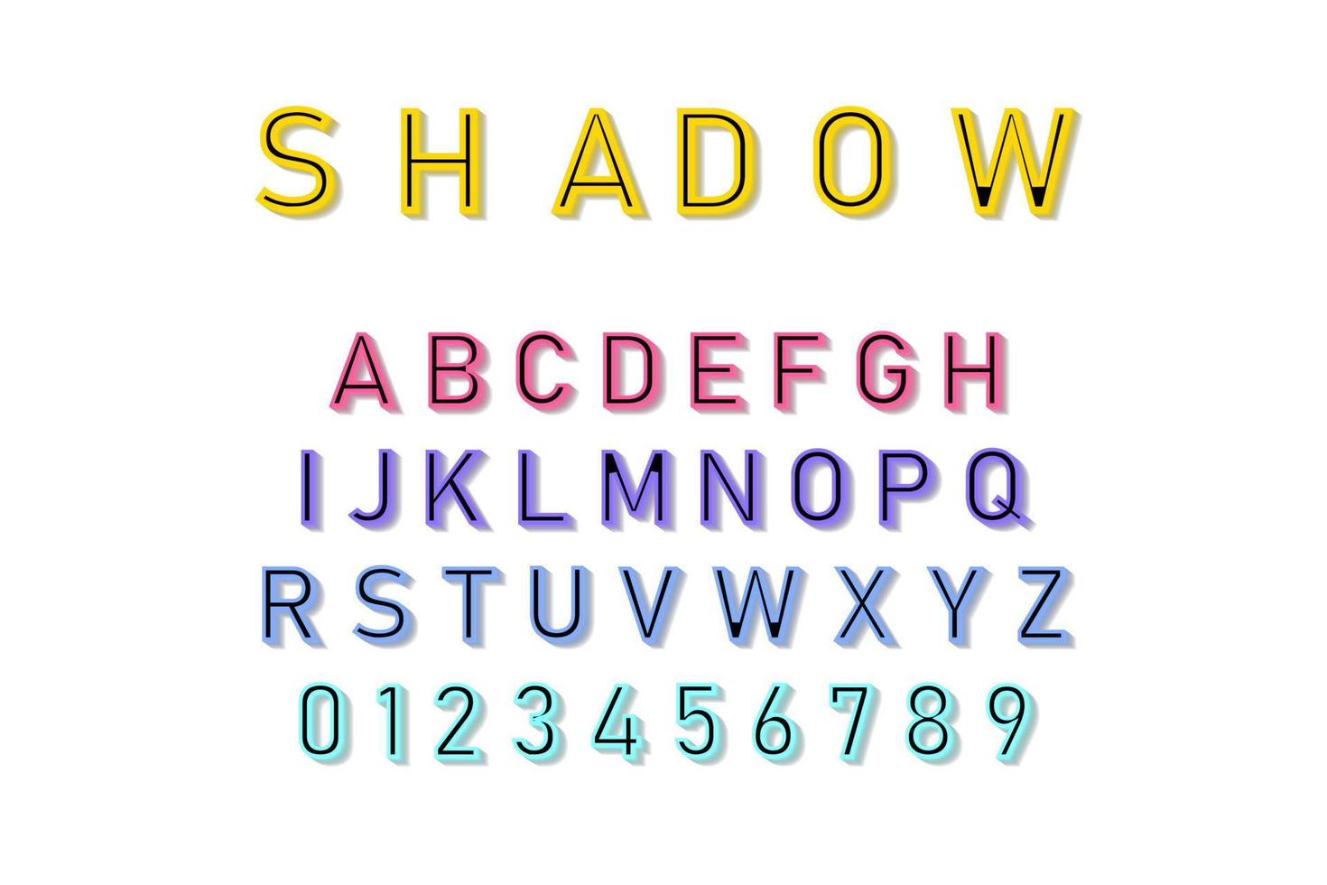 Vector Shadow Font in colorful color on white background. Font and alphabet with shadow. Lettering with shadows. Vector illustration