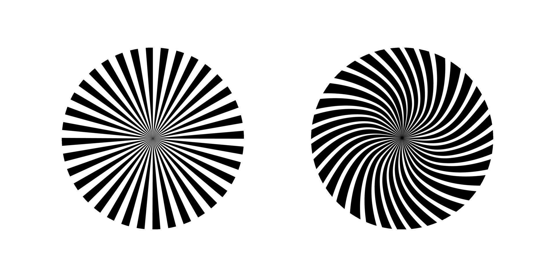 Two Black Sun rays icons isolated on white background. Sun icons in circle and spiral design. Eps10 vector