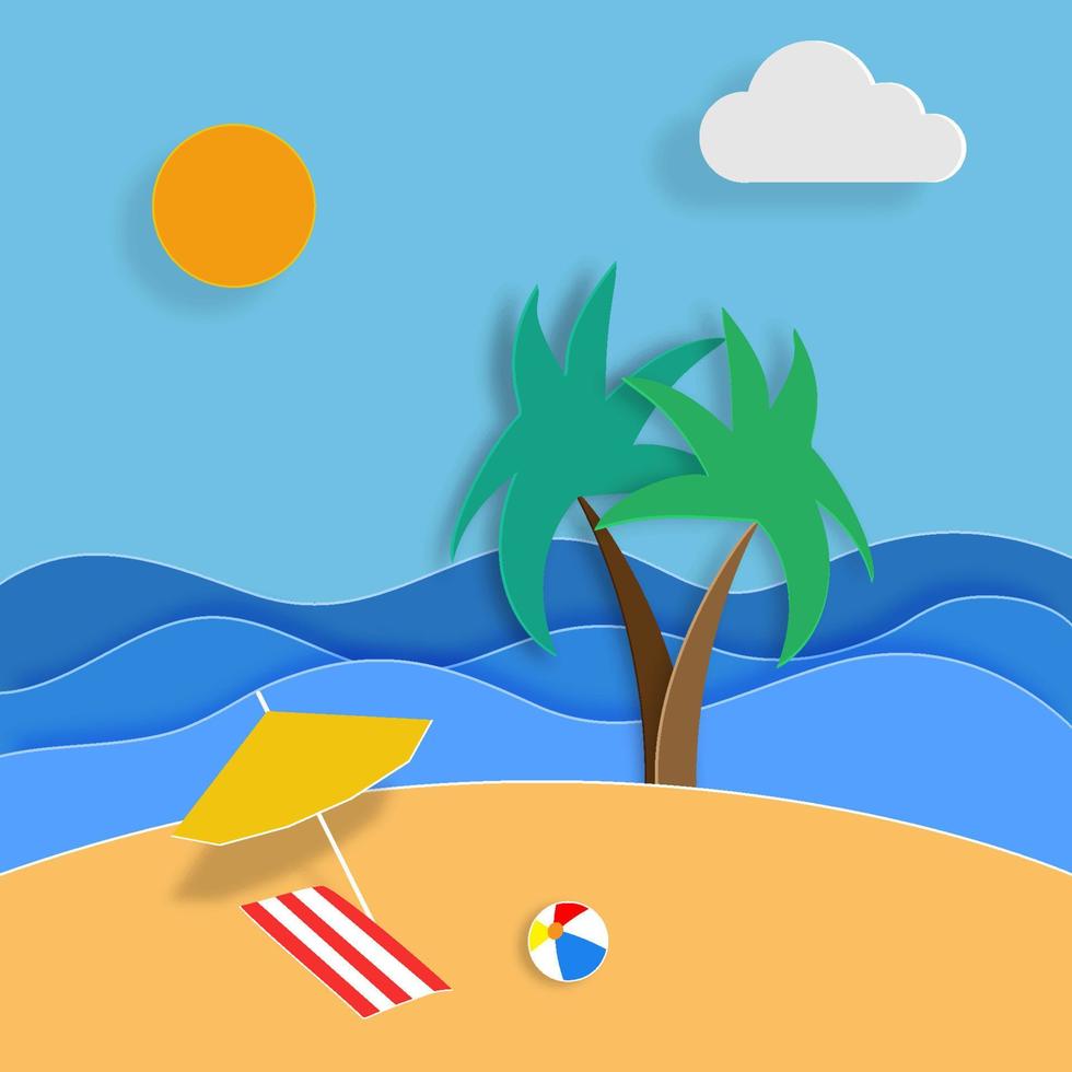 Summer illustration in paper art design. Sun, sea, beach, palm trees, ball umbrella Eps10 vector