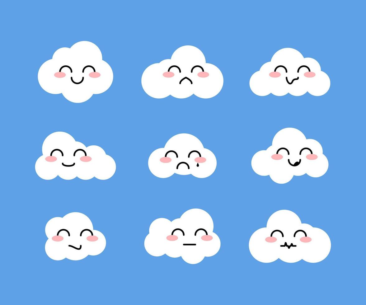 conjunto de nubes con diferentes emojis. nubes de emoticonos divertidos y tristes. eps10 vector