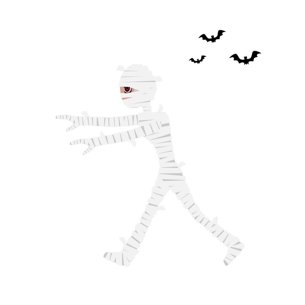 Mummy cartoon character for decorating Halloween night party flat vector illustration isolated on white background. Happy Halloween, Spooky night.