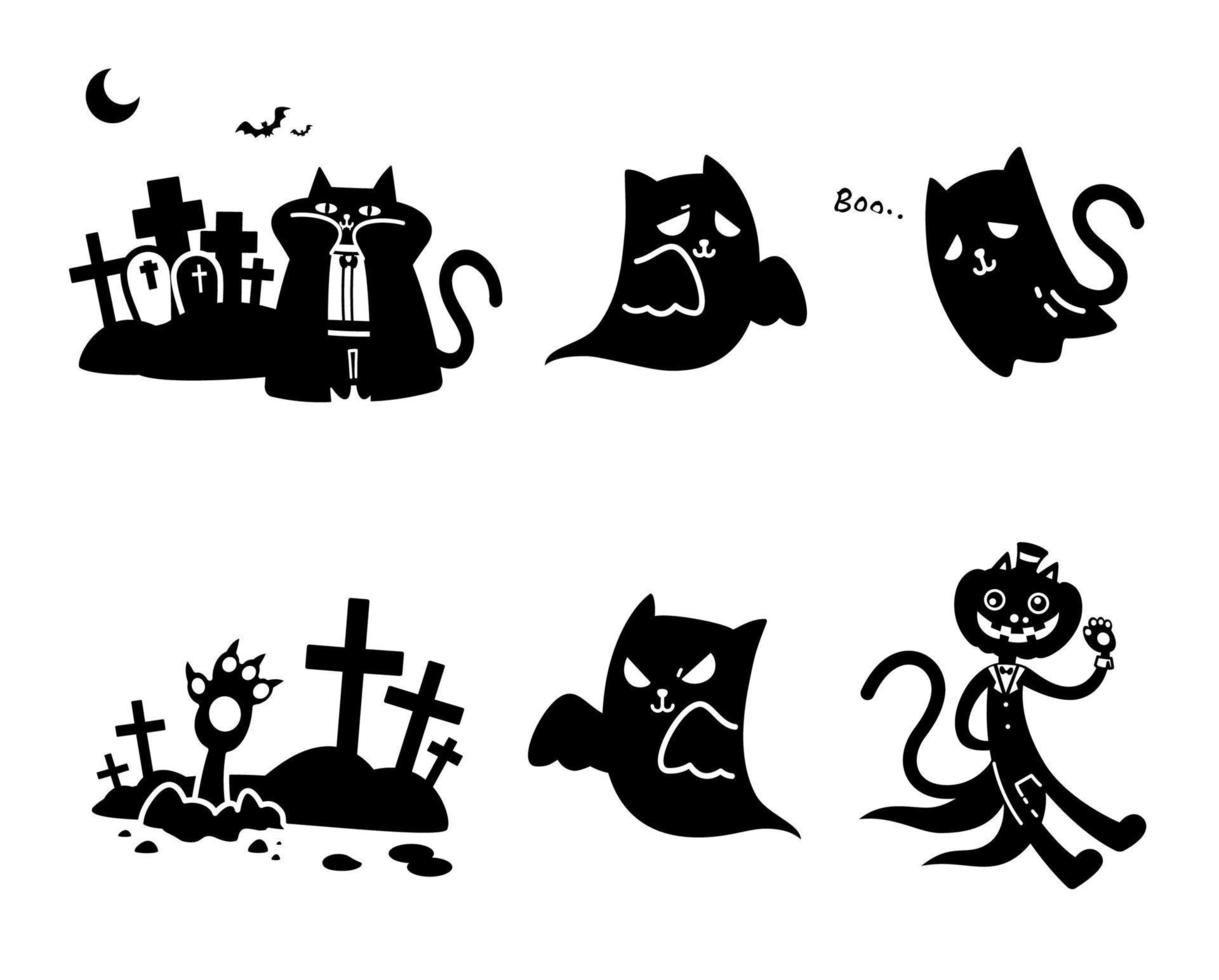 Set of cute silhouette cat ghosts cartoon character for decorating Halloween night party flat vector illustration isolated on white background. Happy Halloween, Spooky night.
