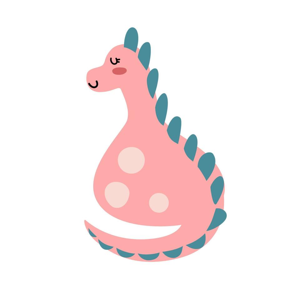 A back side of cute pink dinosaur cartoon character flat vector illustration isolated on white background. Girly dino cute character for kids. Cute animal for kids T-shirt, scrapbook or any pattern.