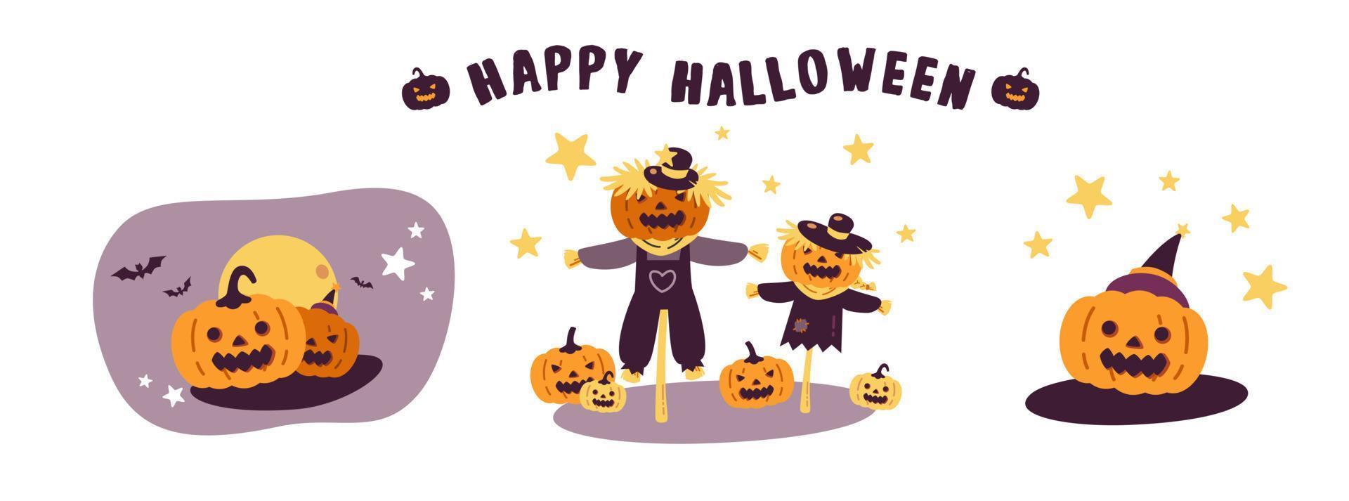 feliz halloween personaje de dibujos animados espeluznante y lindo concepto plano vector ilustración aislado sobre fondo blanco. lindas calabazas, espantapájaros, calabaza con sombrero de bruja.