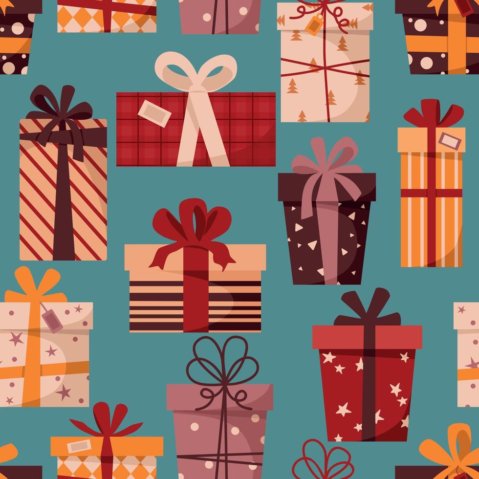 patrón impecable para las vacaciones, año nuevo y navidad con lindas cajas de regalo en un fondo azul. fondo de bebé para tela, papel de envolver, textil, embalaje, papel pintado y ropa. vector
