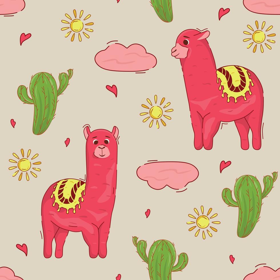 Cute seamless pattern with a lama. Childish pattern with llama, cactus and sun. Pattern for fabric, textile, wrapping paper. Stock vector illustration